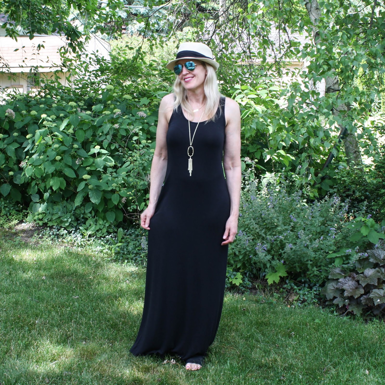 Black Maxi Dress and Panama Hat Outfit