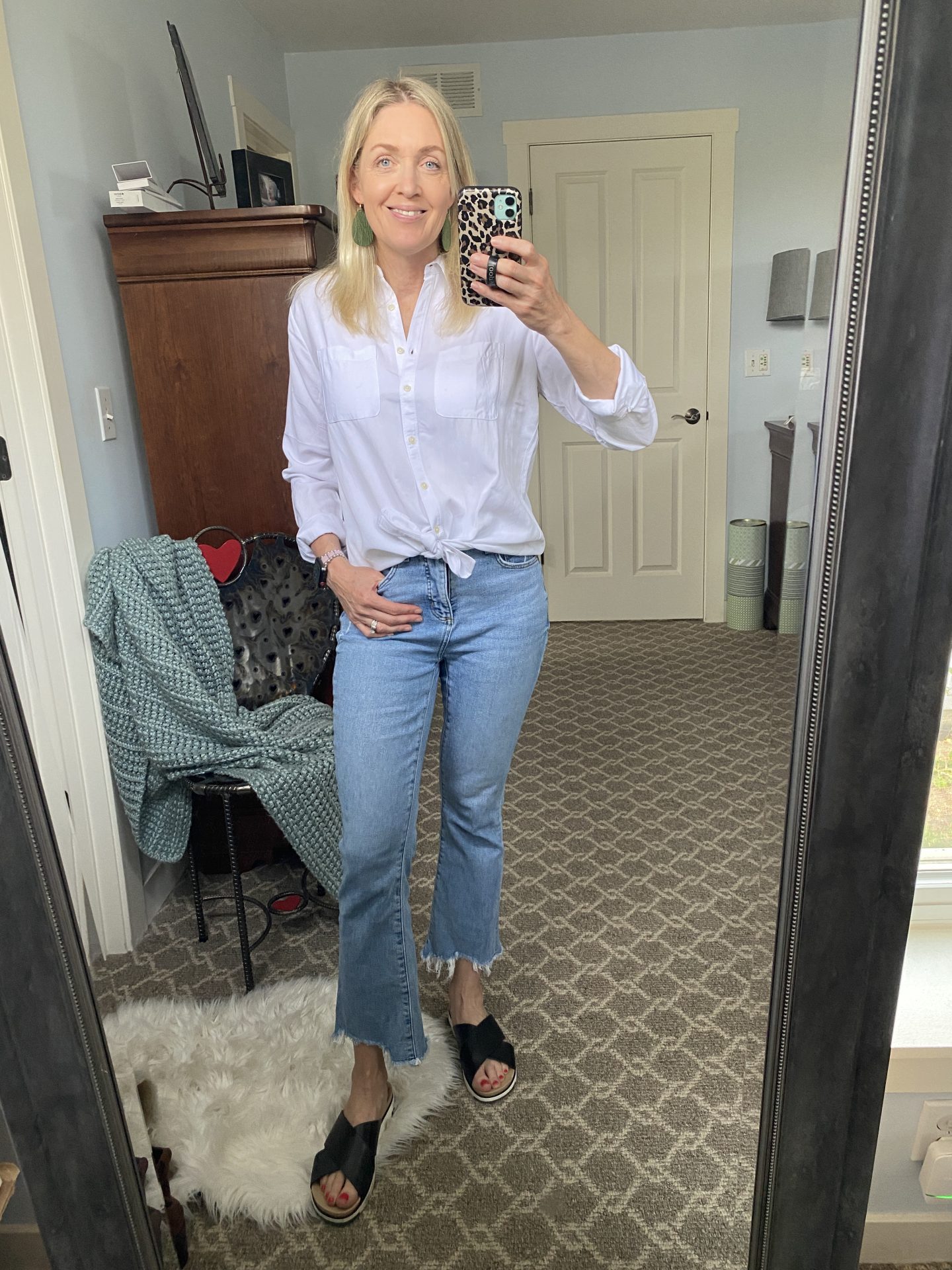 white button down shirt + boot crop jeans