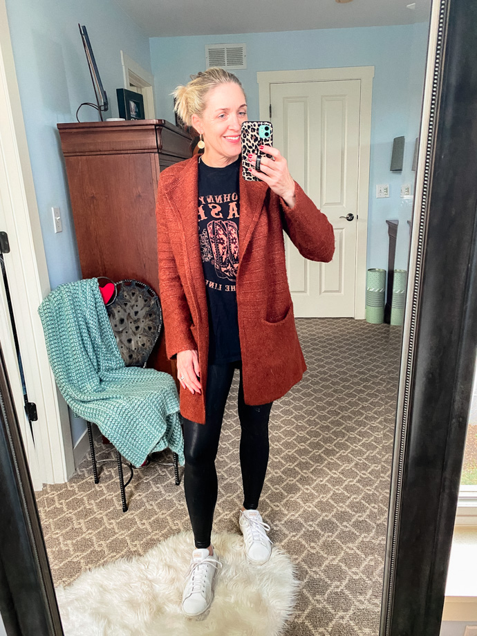 band tee and duster cardigan leggings outfit