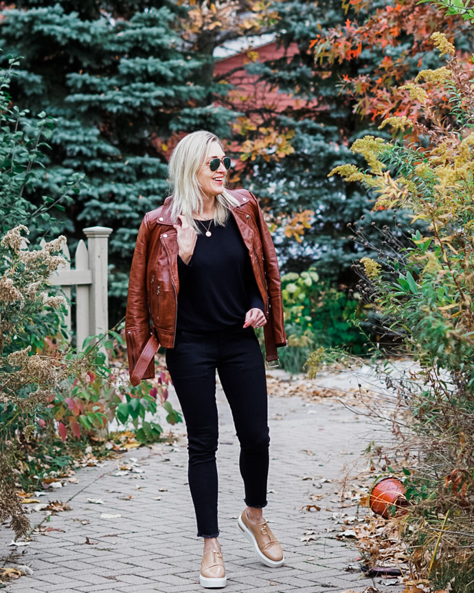 Cognac Moto Jacket Effortless Outfit Idea - Doused in Pink