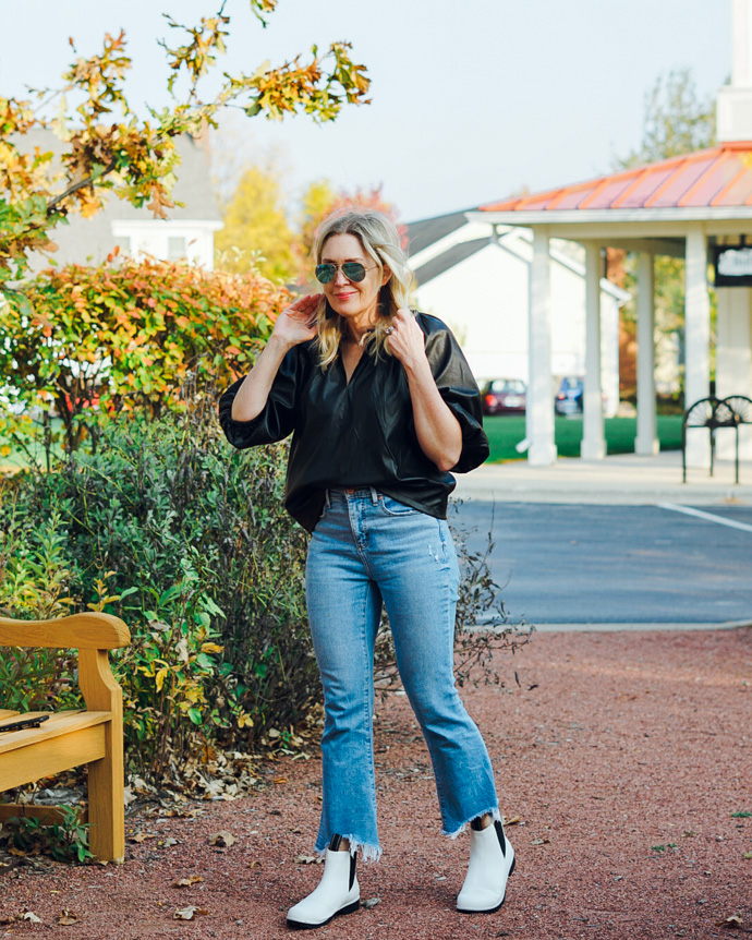 black faux leather top casual fall outfit