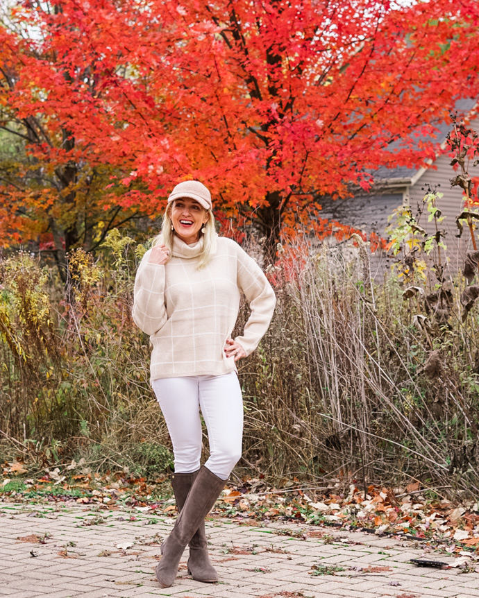 fall monochrome outfit with tan grid sweater