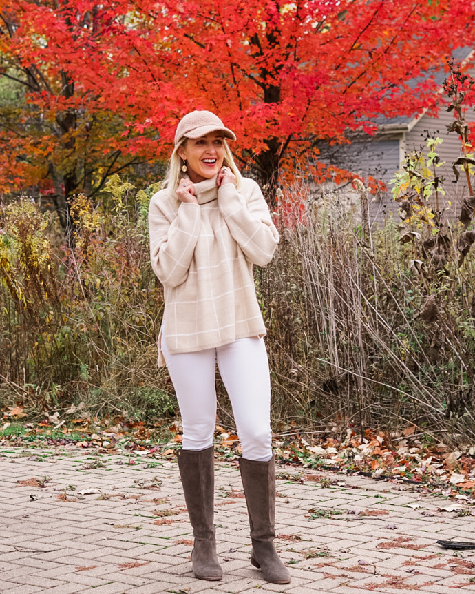 white denim + tan grid sweater