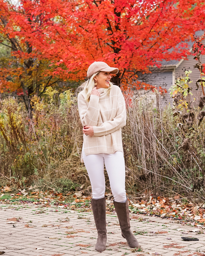 white denim and windowpane cowl neck sweater