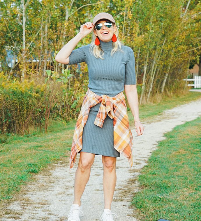 cute sweater dress and sneakers outfit