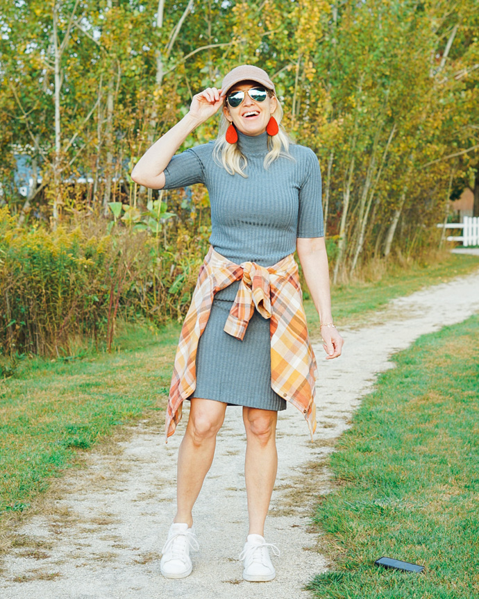 cute rib knit dress and sneakers outfit