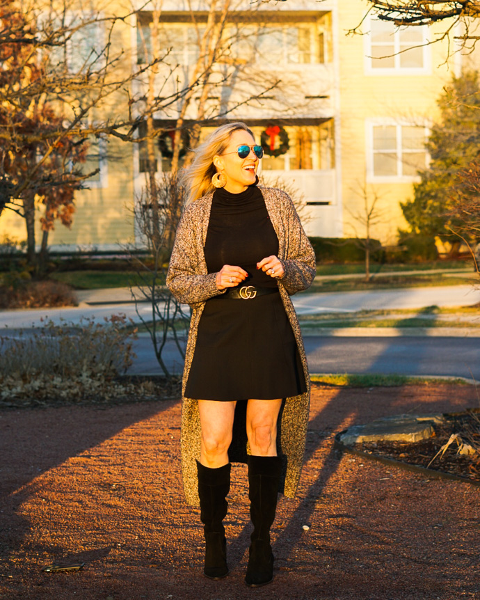 Longline cardigan and skirt outfit