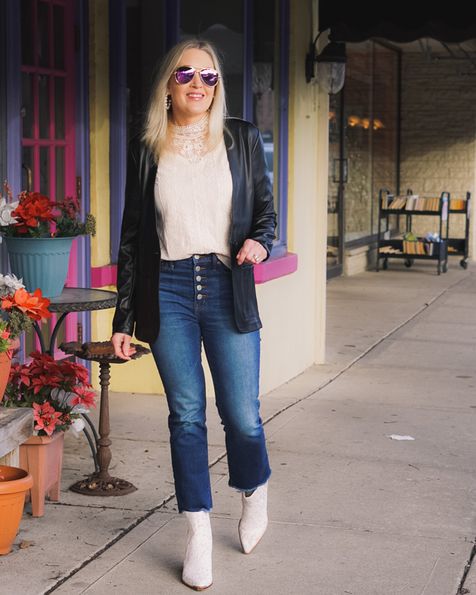 black faux leather blazer outfit