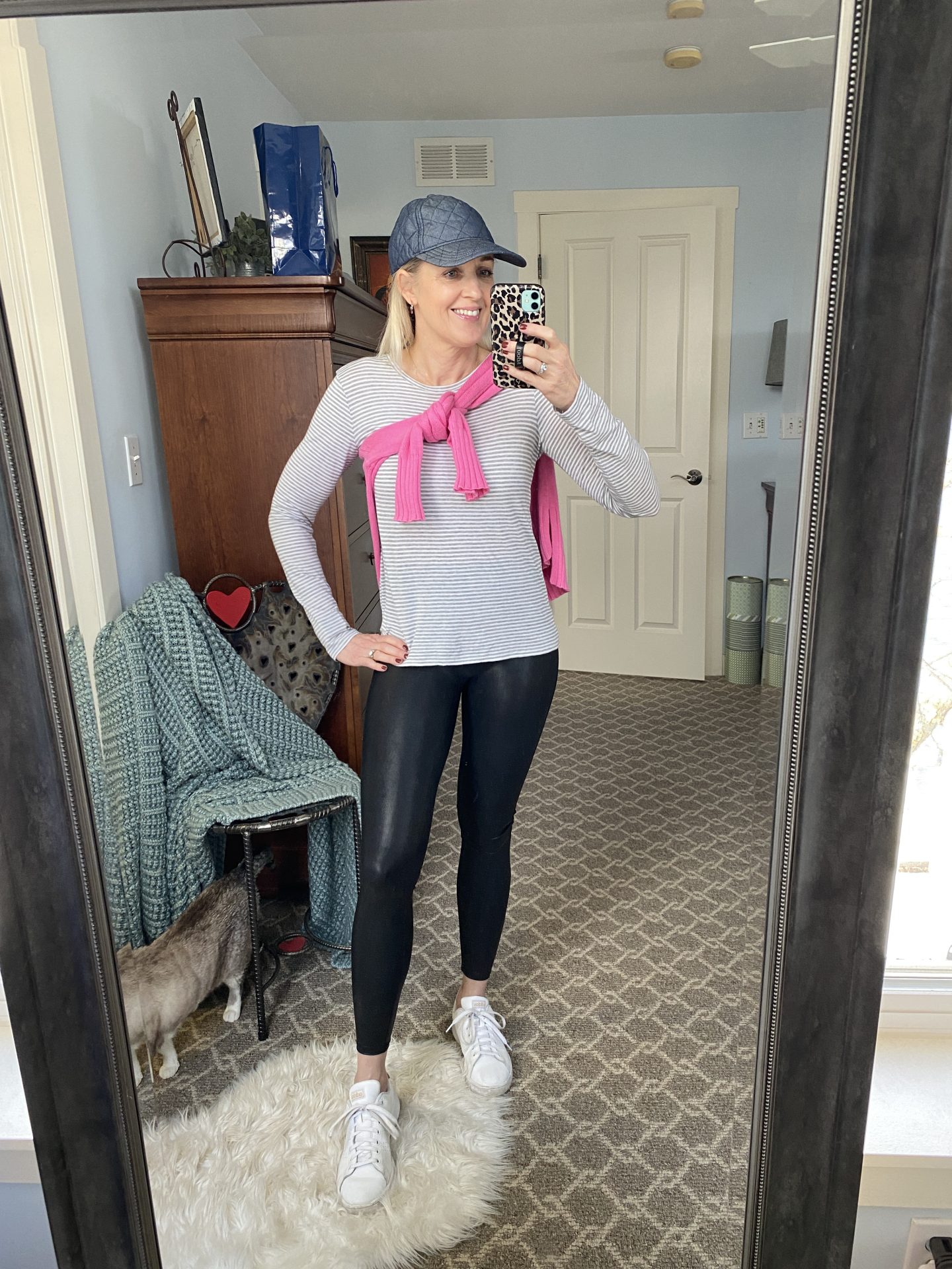 spanx leggings, striped tee and bright sweater