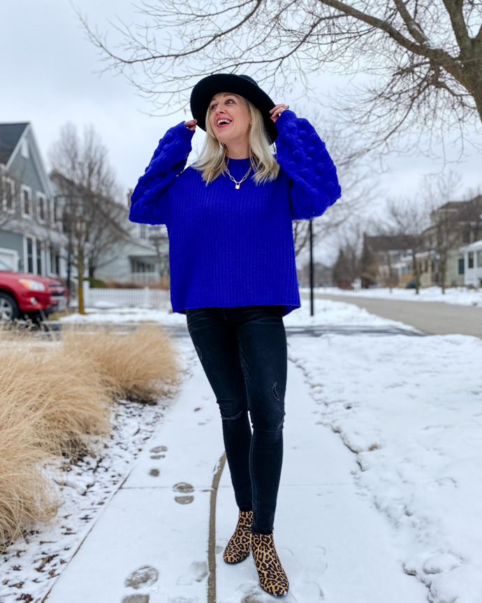 royal blue sweater with black denim, leopard boots