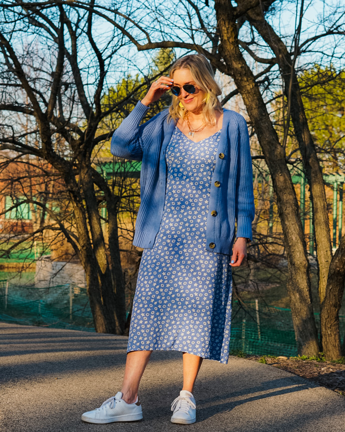 blue slip dress spring outfit