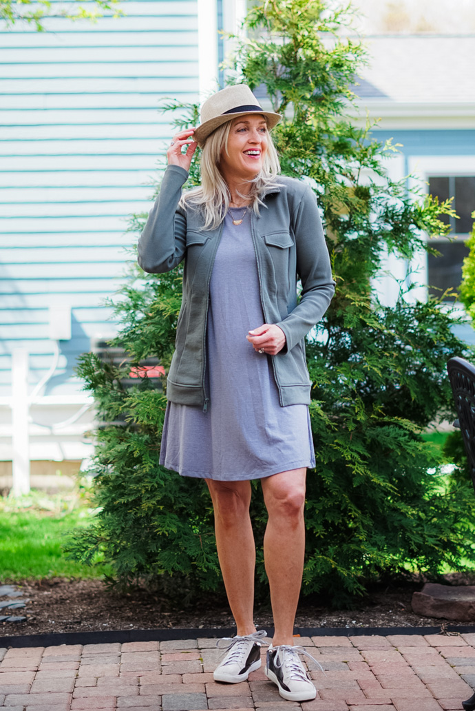 spring outfit with dress and utility jacket
