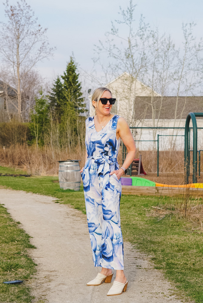 blue floral jumpsuit