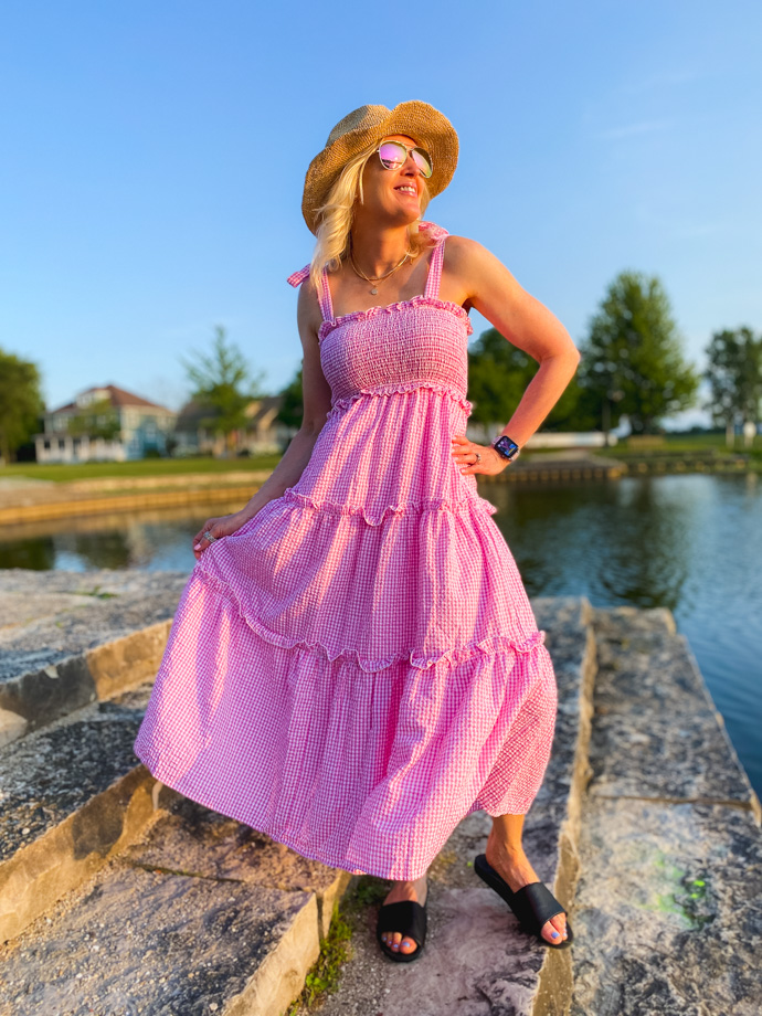 pink gingham midi dress