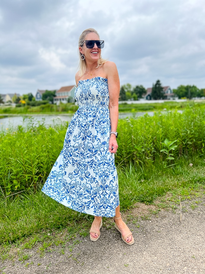 H&M blue printed smocked midi dress