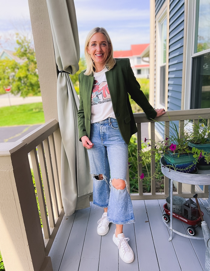 blazer and graphic tee outfit