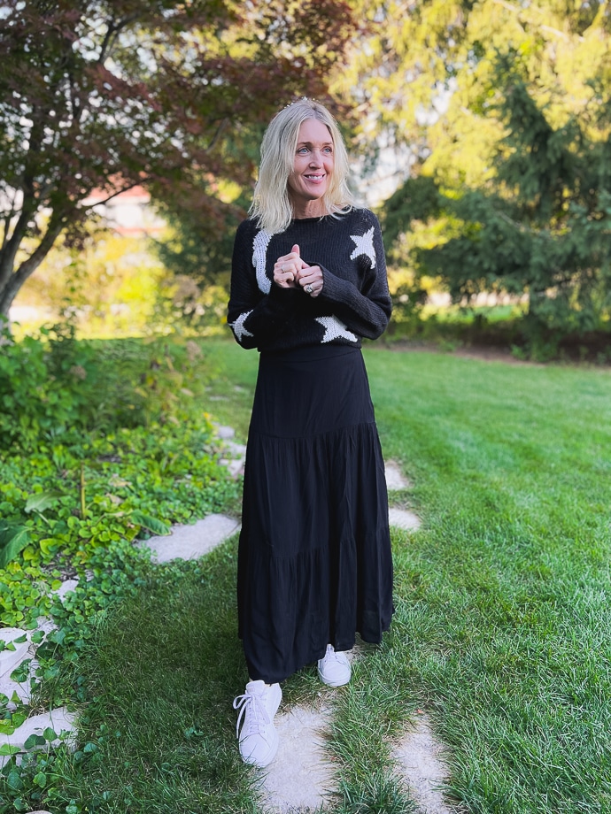 casual outfit with a long black skirt