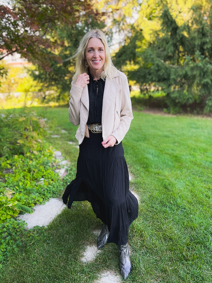 outfit with black skirt and moto jacket