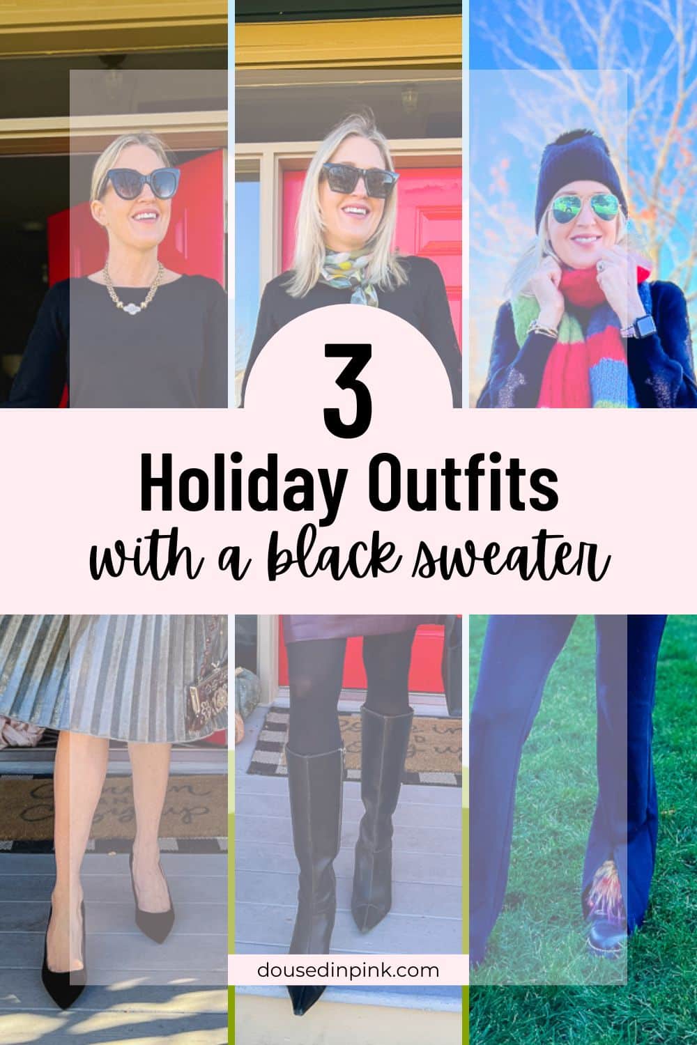 3 holiday outfits with a black sweater