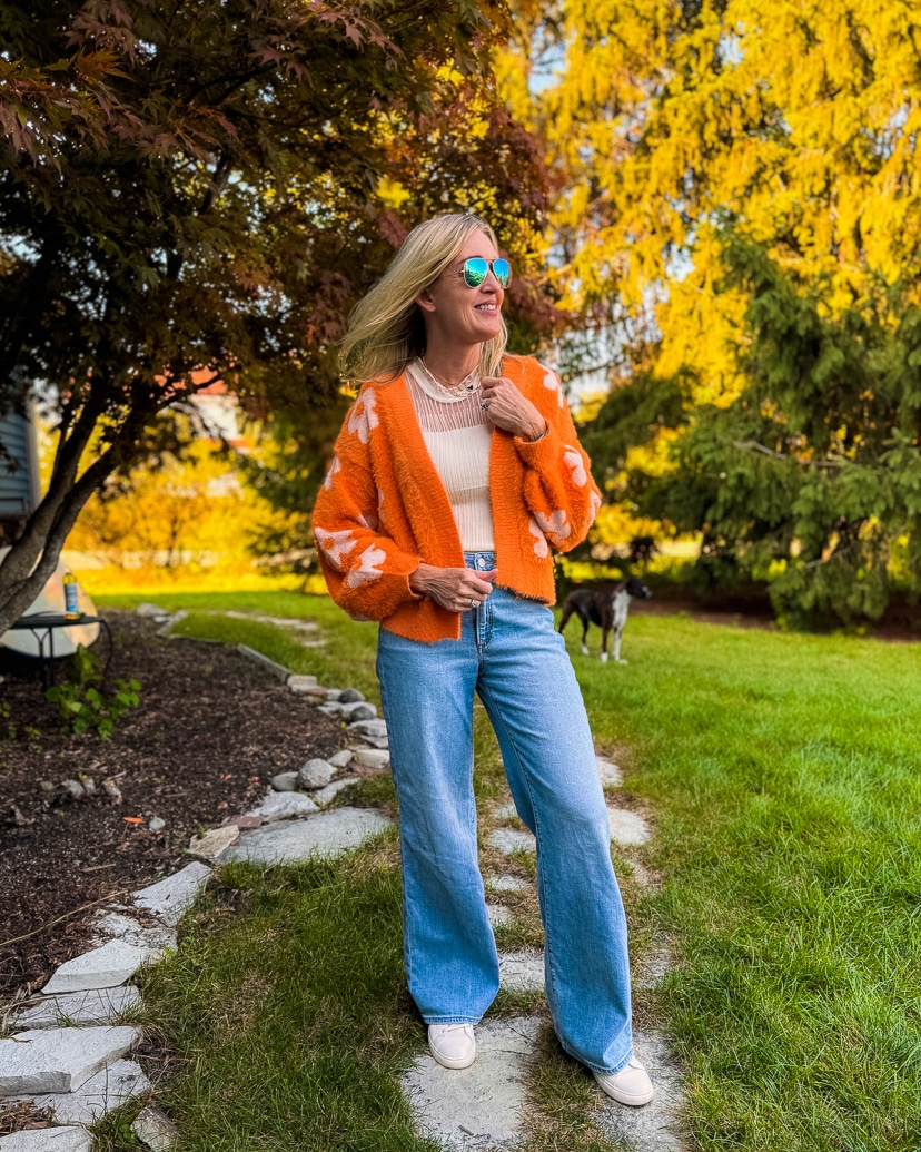 orange flower cropped cardigan