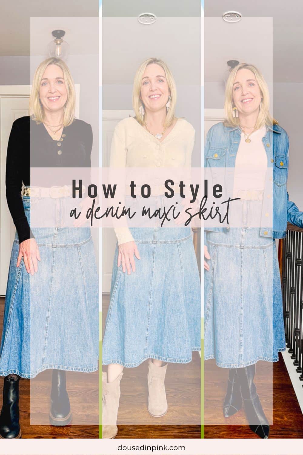 3 Ways to Style a Long Denim Skirt - Doused in Pink