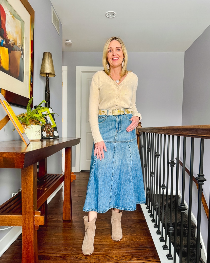 long denim skirt outfits