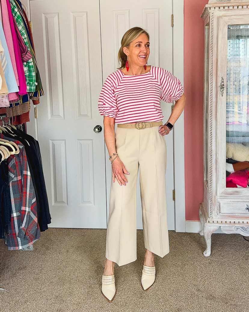 free assembly red striped puff sleeve top