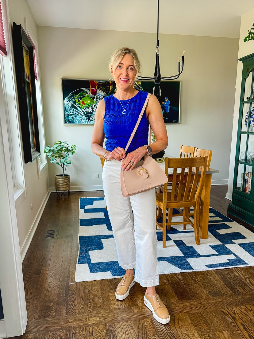 spring outfit with pink handbag